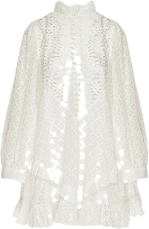 Biała Trapezowa Sukienka Mini z Ażurowym Wzorem i Falbankami Virenia