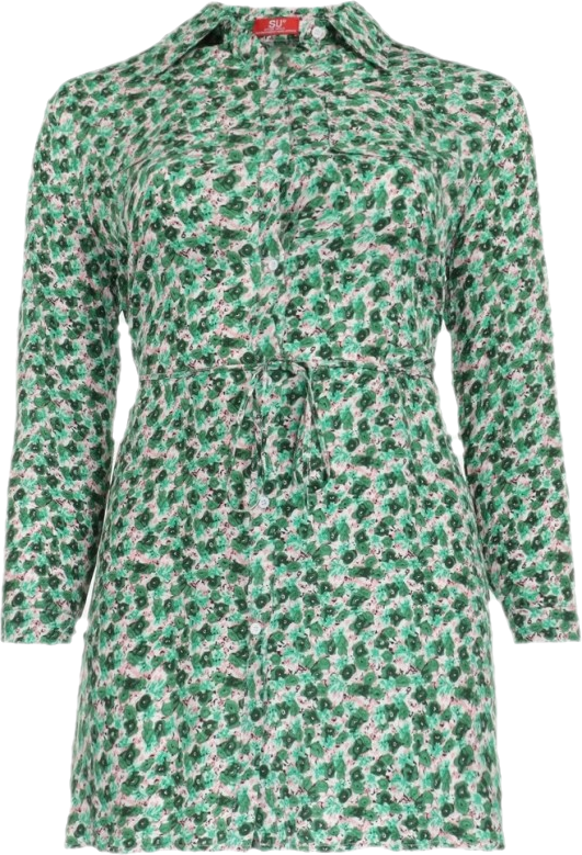 Zielona Koszulowa Sukienka Mini w Kwiaty z Materiałowym Paskiem i Podpinanymi Rękawami Isamone