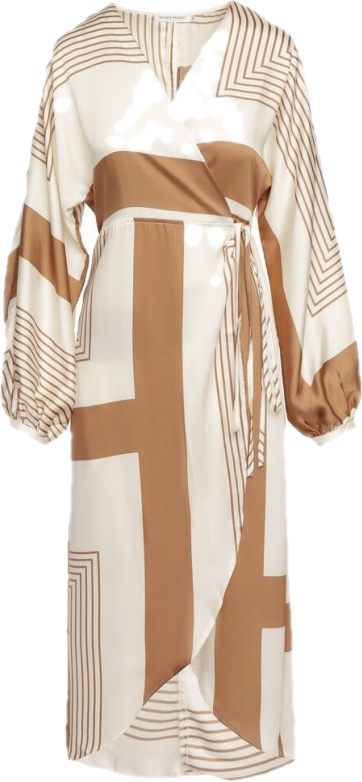 Beżowa Sukienka Kopertowa Kimono z Geometrycznym Wzorem i Wiązanym Paskiem Klerossa