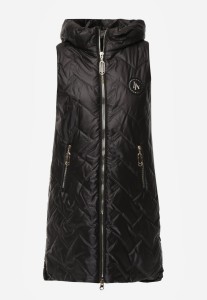 Czarna Przejściowa Kamizelka Pikowana o Długim Kroju z Kapturem i Naszywką Harmaste