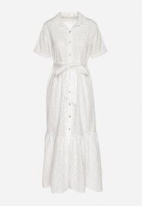 Biała Bawełniana Sukienka Haftowana o Koszulowym Kroju z Wiązanym Paskiem Efrora