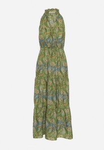 Zielona Rozkloszowana Sukienka z Gumkami w Talii Wiązana przy Dekolcie Vrisa