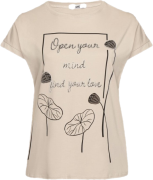 Ciemnobeżowy Bawełniany T-shirt z Nadrukiem i Cyrkoniami Ertebis