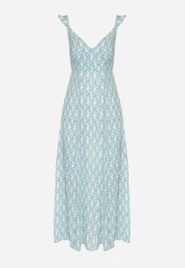 Niebieska Wiskozowa Sukienka w Kwiaty z Ozdobnymi Falbankami Redele