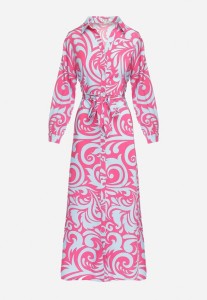 Fuksjowo-Niebieska Koszulowa Sukienka Maxi z Materiałowym Paskiem w Abstrakcyjne Wzory Terins