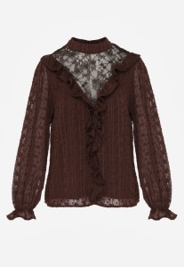 Brązowa Bluzka Zdobiona Koronką Falbankami i Metaliczną Nicią Feralea