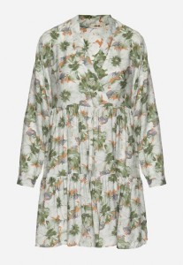 Beżowo-Zielona Sukienka Mini w Kwiaty z Rozkloszowanym Falowanym Dołem Darae
