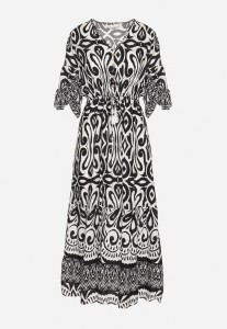 Czarna Sukienka Bawełniana w Ornamentalny Wzór z Gumką w Talii Orrielle