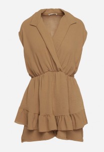 Ciemnobeżowy Krótki Kombinezon z Falbankami i Kołnierzykiem Laravia