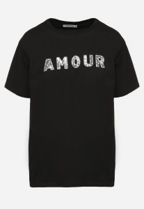 Czarny T-shirt z Bawełny Ozdobiony Haftowanym Napisem z Cekinami Marisiana