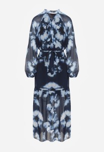 Granatowa Sukienka o Pudełkowym Kroju w Kwiatowy Wzór Ozdobiona Paskiem Acexia