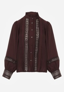 Brązowa Koszula ze Stójką i Koronką Argochis