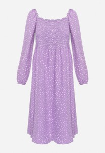 Fioletowa Rozkloszowana Sukienka Midi w Kropki Farnai