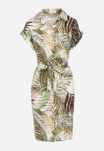 Zielona Bawełniana Sukienka Zapinana na Guziki z Materiałowym Paskiem Opilla