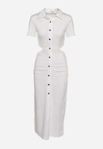 Biała Sukienka Koszulowa z Wycięciami w Talii i i Marszczeniami Zapinana na Guziki Quvlea