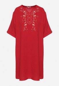 Czerwona Sukienka Pudełkowa z Guzikami i Ozdobnymi Haftami Jenivanea