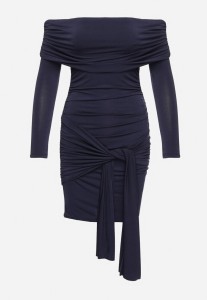 Granatowa Sukienka o Dopasowanym Kroju Ozdobiona Marszczeniem i Wiązaniem Felirae