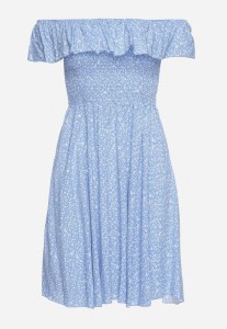 Niebieska Bawełniana Sukienka z Hiszpańskim Dekoltem i Marszczoną Górą w Kwiaty Samorea