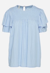 Jasnoniebieska Bluzka z Wiskozą o Trapezowym kroju z Falbankami i Elastyczną Wstawką Dorlimi