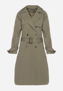 Zielony Płaszcz w Stylu Trencza Ozdobiony Paskiem z Klamrą Ninellira