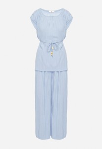 Niebieski Komplet Bluzka z Wiązanym Paskiem i Szerokie Spodnie Dolarea