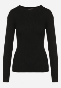 Czarna Bluzka z Długimi Rękawami z Dzianiny w Delikatne Prążki Terilanne