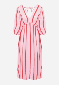 Różowo-Pomarańczowa Taliowana Sukienka z Bawełny z Motywem Pasków Rivettes