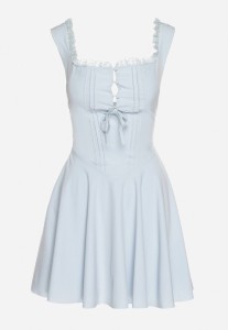 Niebieska Rozkloszowana Sukienka Vices w Rustykalnym Stylu z Wiązaniem Gorsetowym Foliora