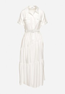 Biała Sukienka Koszulowa o Rozkloszowanym Kroju z Paskiem w Talii Vimorise