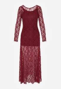 Bordowa Koronkowa Sukienka Taliowana z Odkrytymi Plecami Talifera