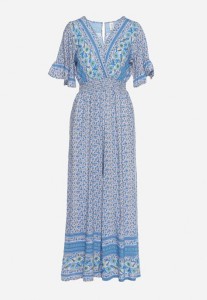 Niebieski Bawełniany Kombinezon z Gumkami w Pasie i Kopertowym Dekoltem Zapinany z Tyłu na Guziki Lorrania