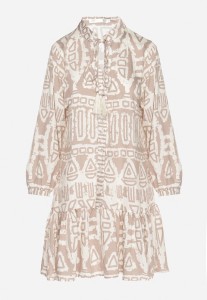 Beżowa Wiskozowa Sukienka w Etniczny Wzór o Rozkloszowanym Kroju z Wiązaniem Nalpio