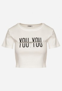 Biały Bawełniany T-shirt z Napisem i Łańcuchem Olimelia