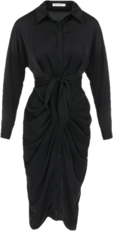 Czarna Sukienka Koszulowa z Wiązanym Paskiem i Marszczeniem Hinula