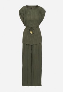 Ciemnozielony Komplet Bluzka z Wiązanym Paskiem i Szerokie Spodnie Dolarea