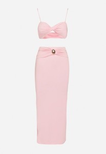 Różowy Komplet z Wiskozą Top na Ramiączkach i Spódnica z Rozcięciem Savolise