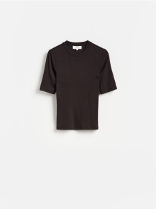 Dzianinowy t-shirt z lyocellem - ciemnobrązowy