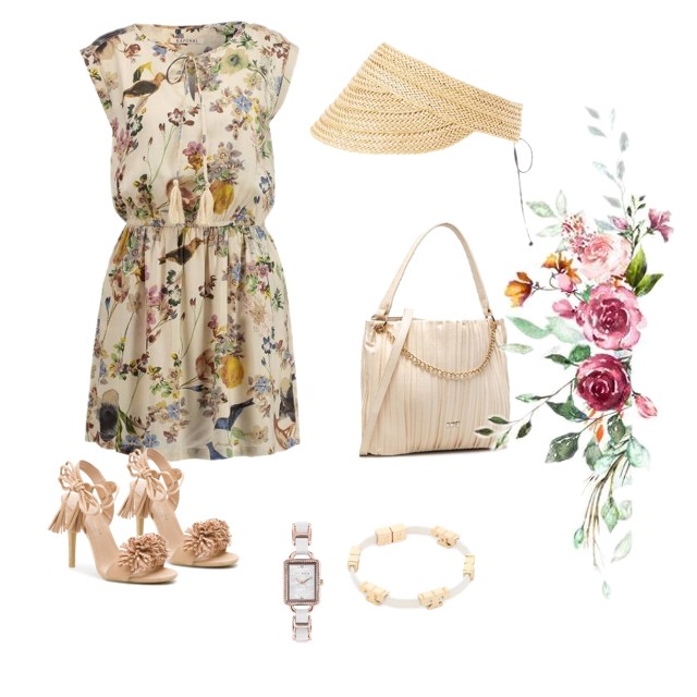 Beżowa sukienka w kwiaty na lato