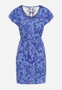 Niebiesko-Granatowa Sukienka z Krótkim Rękawem Ozdobiona Siateczką przy Dekolcie z Materiałowym Paskiem Meada