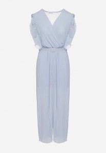 Jasnoniebieski Plisowany Kombinezon z Szerokimi Nogawkami i Wiązanym Paskiem Audra