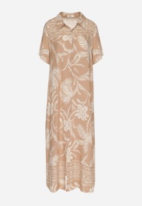 Beżowa Koszulowa Sukienka z Wiskozy w Kwiatowy Wzór z Kieszeniami Eramira