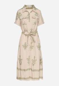 Beżowa Wiskozowa Sukienka Koszulowa z Haftowanym Wzorem i Paskiem Divalis