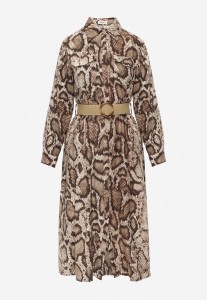 Brązowa Koszulowa Sukienka Snake Print z Wiskozą i Paskiem Bririn