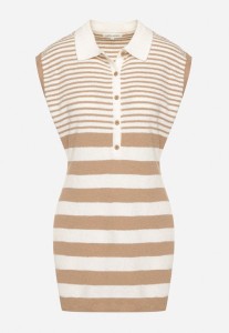 Brązowa Dopasowana Sukienka z Dzianiny w Paski z Kołnierzykiem i Guzikami Meprelle