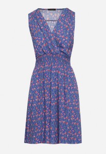 Granatowa Wiskozowa Sukienka w Kwiaty z Gumką w Talii i Kopertowym Dekoltem Halevia