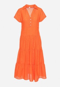 Pomarańczowa Bawełniana Sukienka o Ażurowym Wykończeniu z Krótkim Rękawem Zapinana na Guziki Kataria