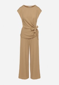 Beżowy Komplet Bluzka z Wiązaniem i Szerokie Spodnie Halorelle