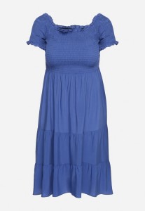 Niebieska Bawełniana Sukienka z Hiszpańskim Dekoltem z Szerokimi Falbanami na Dole Bliria