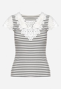 Biało-Czarny Bawełniany T-shirt z Prążkowanej Dzianiny Ozdobiony Koronką Liasilo