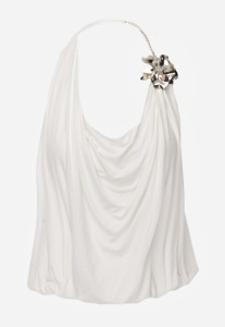 Biały Elegancki Top Halter Ozdobiony Łańcuszkiem i Kwiatową Broszką Idisara